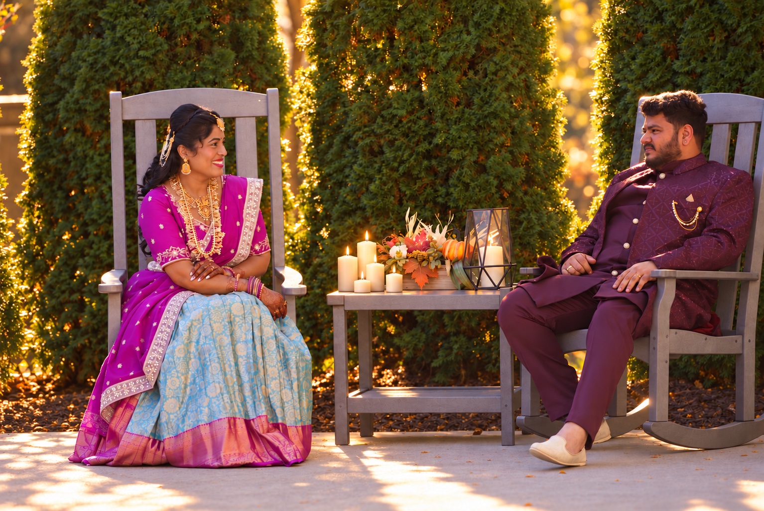 Abhishek and Sravani seated beside a candlelit table in warm evening light